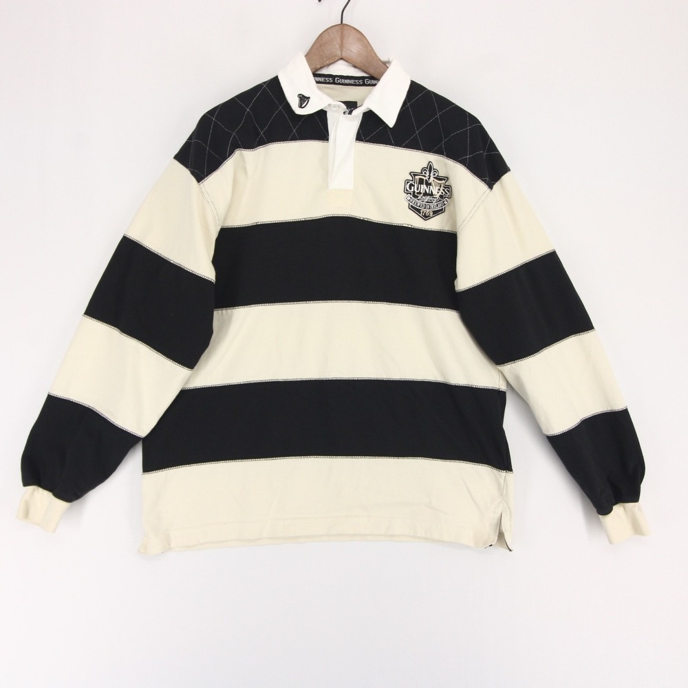Guinness Rugby Shirt Mens L Black Striped Long Sleeve Embroidered Quilted Collar